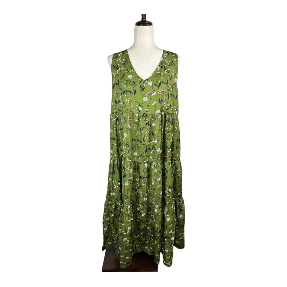 Womens Designer Floral Sleeveless V-neck Tiered Maxi Dress Size Large